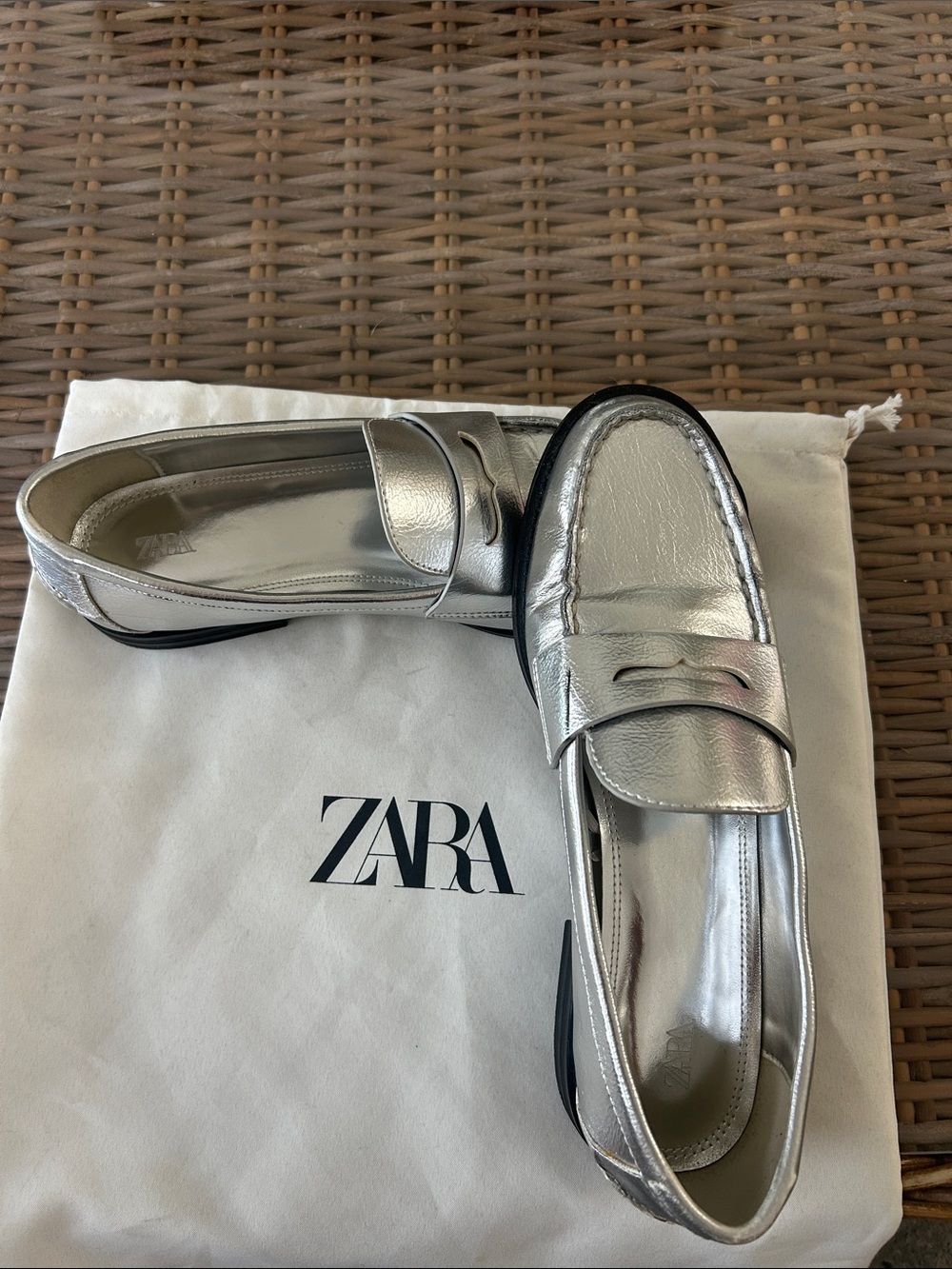 Zara Metallic Silver Penny Loafers
